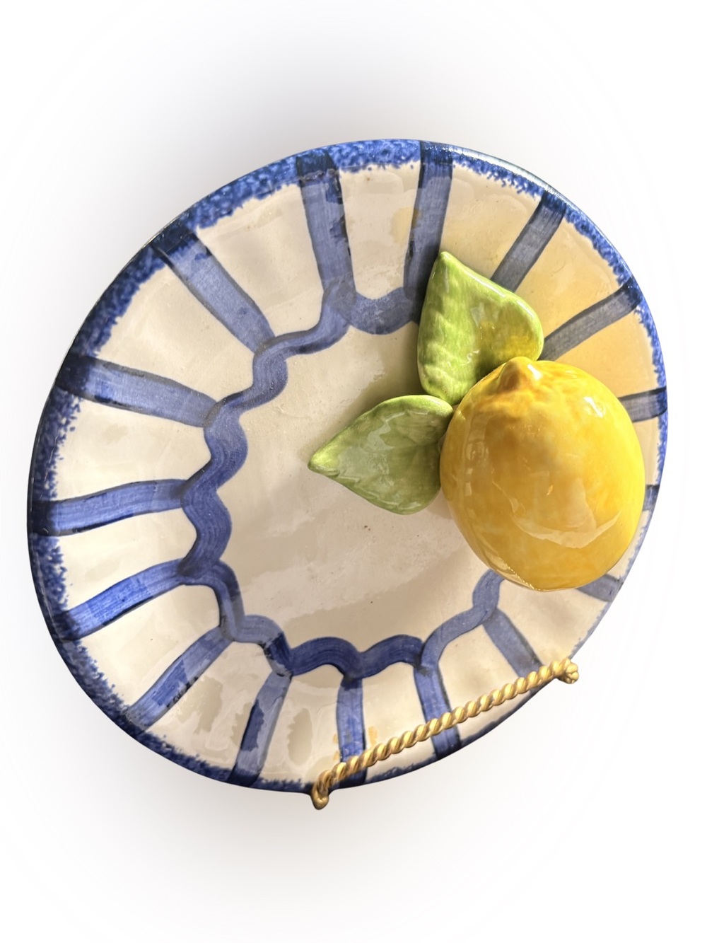 Lemon Plate 3D Handmade Art Pottery Decorative Wall Plate Yellow Blue White Cali